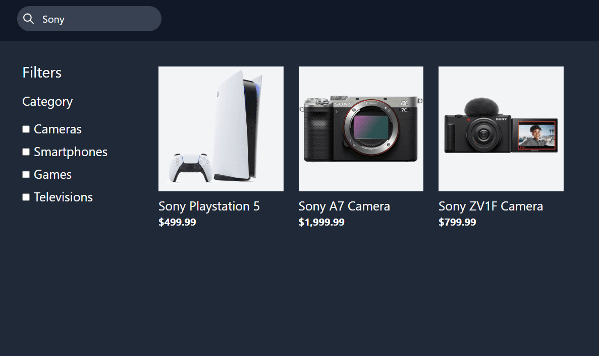 Product Filtering Screenshot